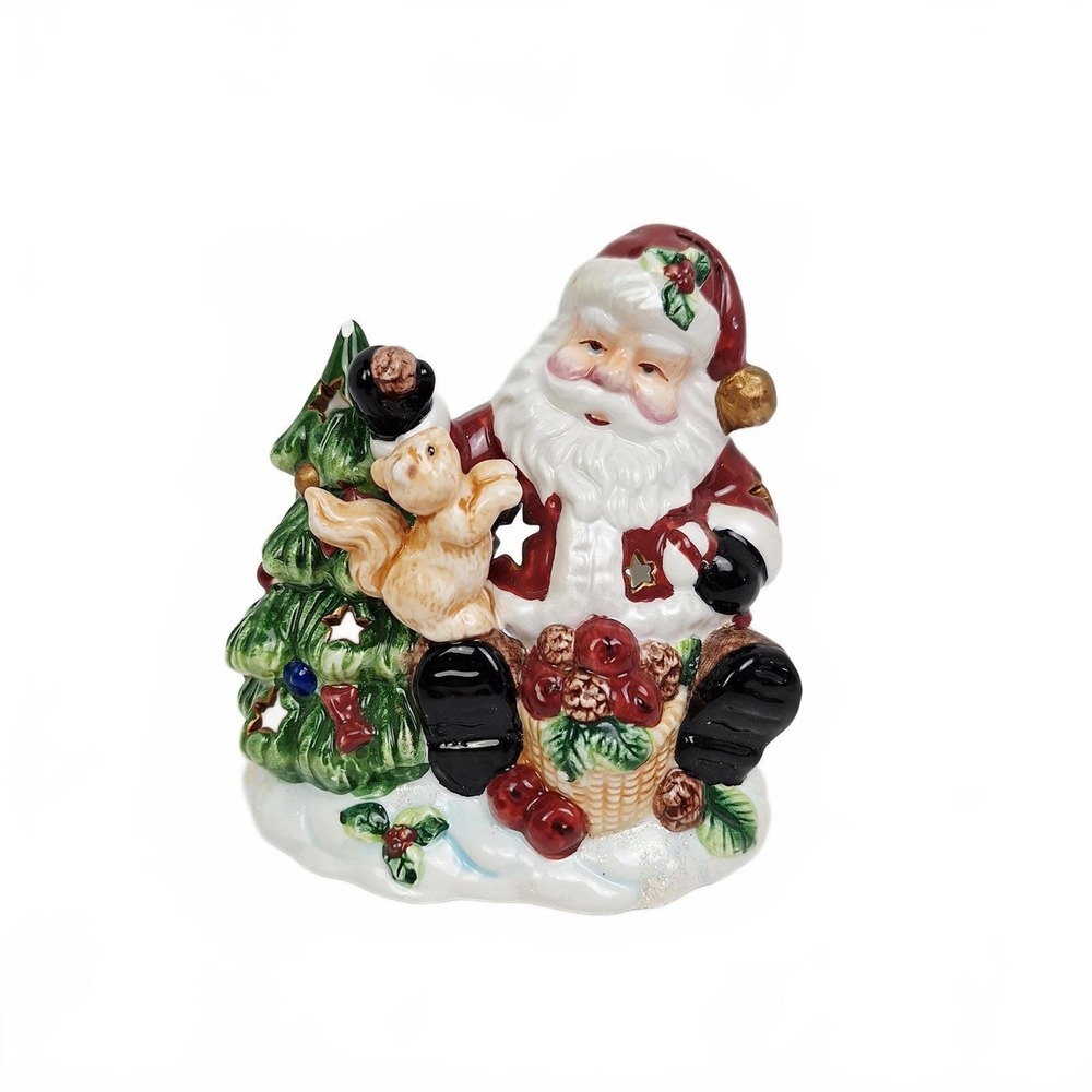 Vintage Santa and Squirrel Ceramic Tea Light Holder 2001‎ Christmas Décor